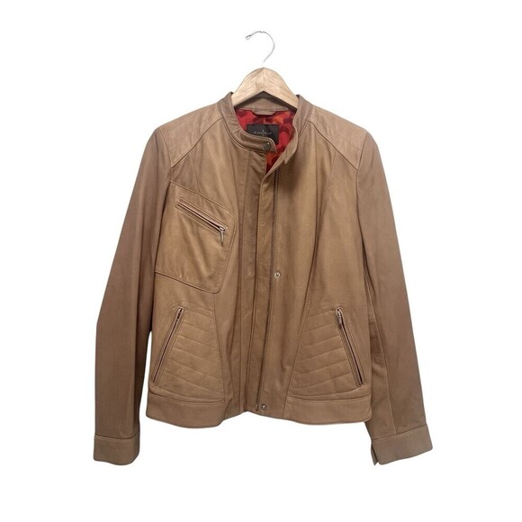 Cole Haan Lamb Leather Moto Jacket Zip Front Collarless Tan Nude Brown Women’s M - Picture 2 of 12